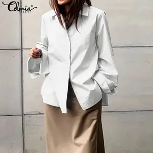 Женская рубашка Celmia с длинным рукавом, белая рубашка, осень 2021, офисная блузка с лацканами и пуговицами, модные повседневные однотонные блузы, Свободный Топ для женщин