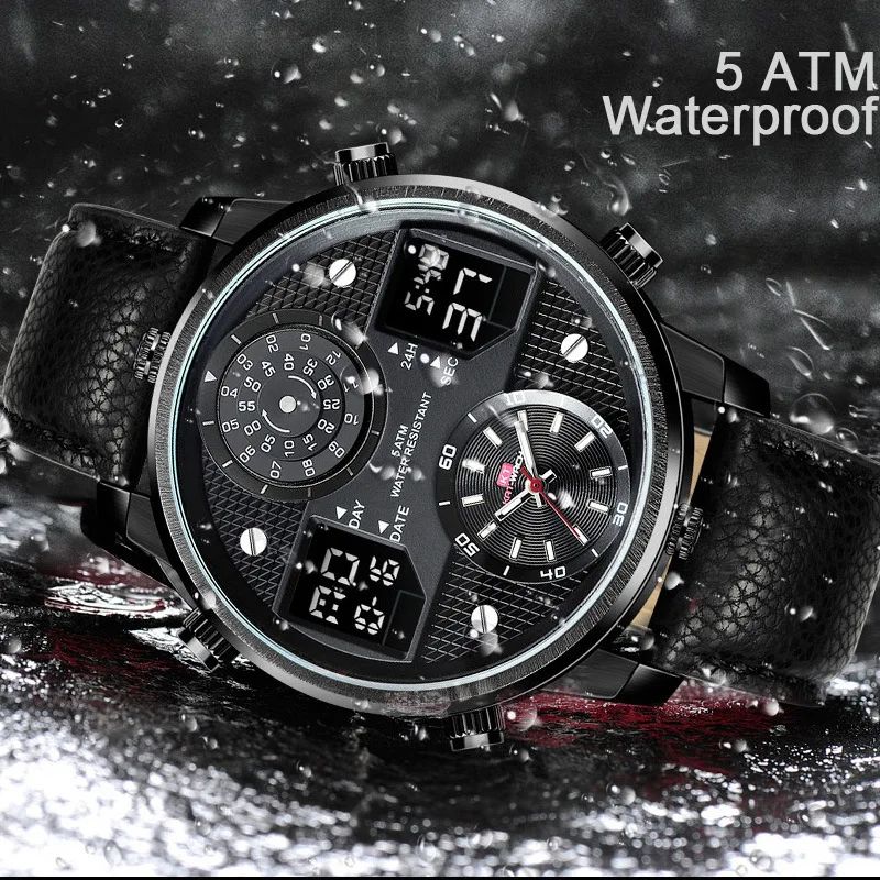 Мужские спортивные часы роскошные кожаные водонепроницаемые цифровые с большим