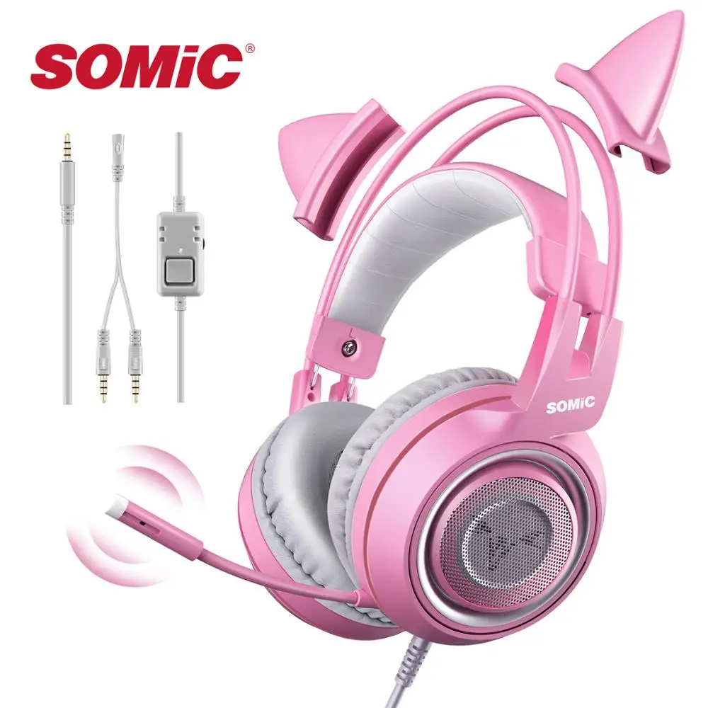 Игровая Гарнитура SOMiC G951S геймерские розовые наушники с кошачьими ушками для PS4 Xbox