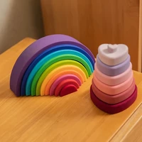 set baby rainbow color silicone stacking toy montessori creative toy food grade silicone wooden childrens early education gift