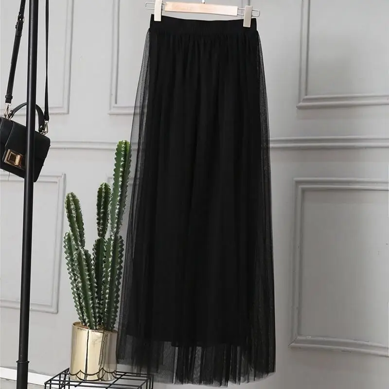 

New mesh skirt women's spring and summer season high waist medium length A-line skirt pleated skirt black gauze skirt pompous