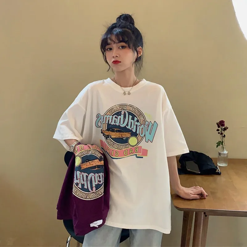 

Round Neck Vintage Print T Shirt Oversize Aesthetic Top for Women Korean Style Stylish Clothes Cotton Short Sleeve Tees Pullover