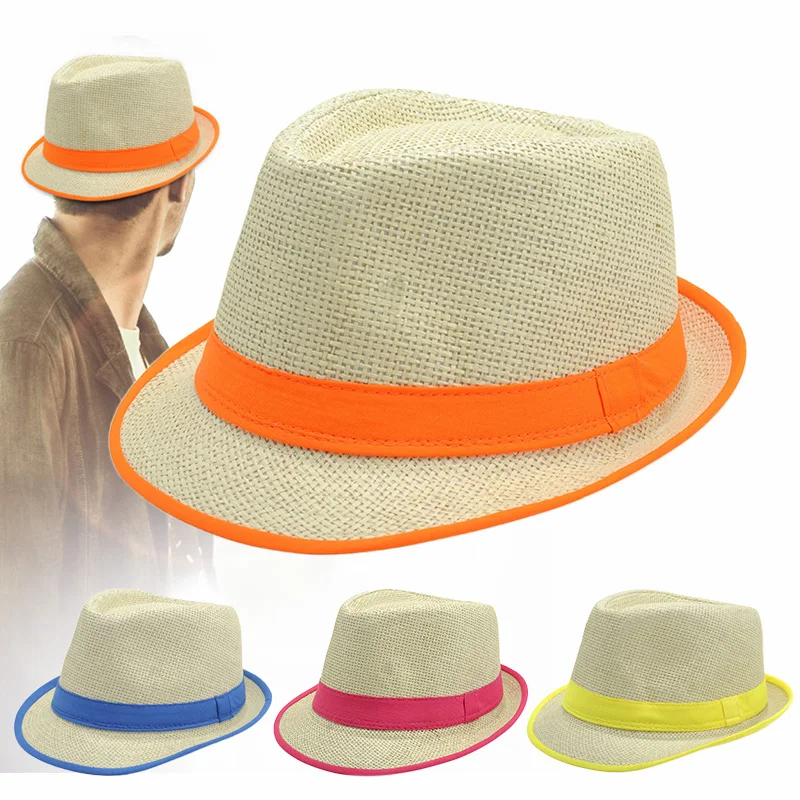 

Mens Top Hat Summer Fluorescence Hemming Jazz Hat Straw Visor Beach Hat -OPK