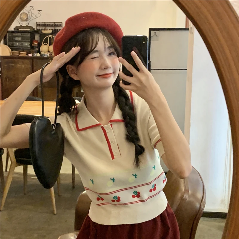 

Harajpoo Women Sets Japanese Sweet Girl College Style Retro All Match Sweater Knitted T Shirt Wood Ears Half Length Skirt Set