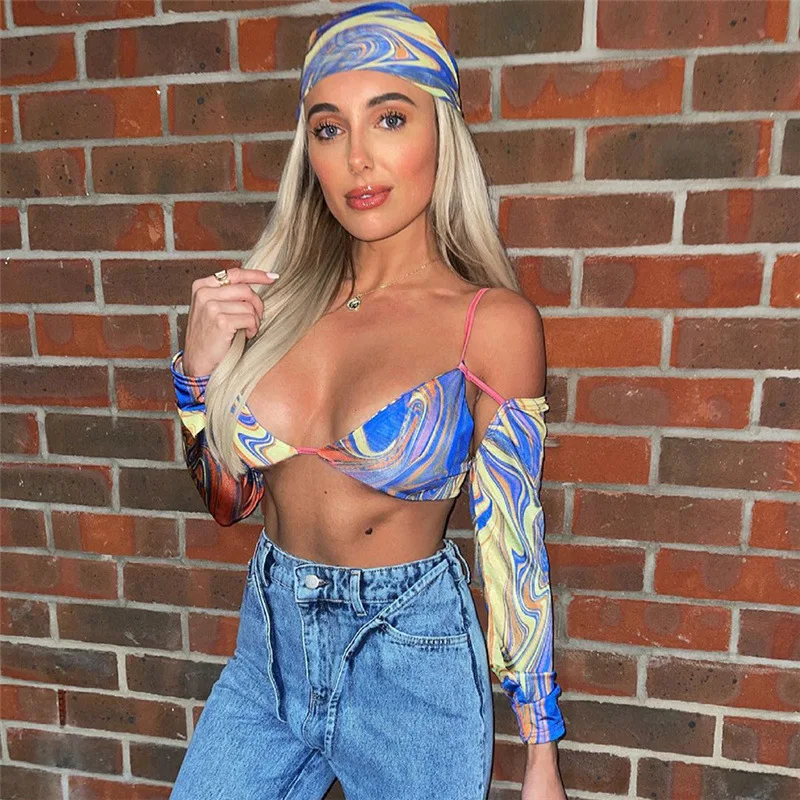 

Tie Dye Print Crop Shirts Sexy Deep V-Neck Tops Cut Out T Shirt Women Long Sleeve Tees Female 2021 Baddie Clothes Hot Streetwear