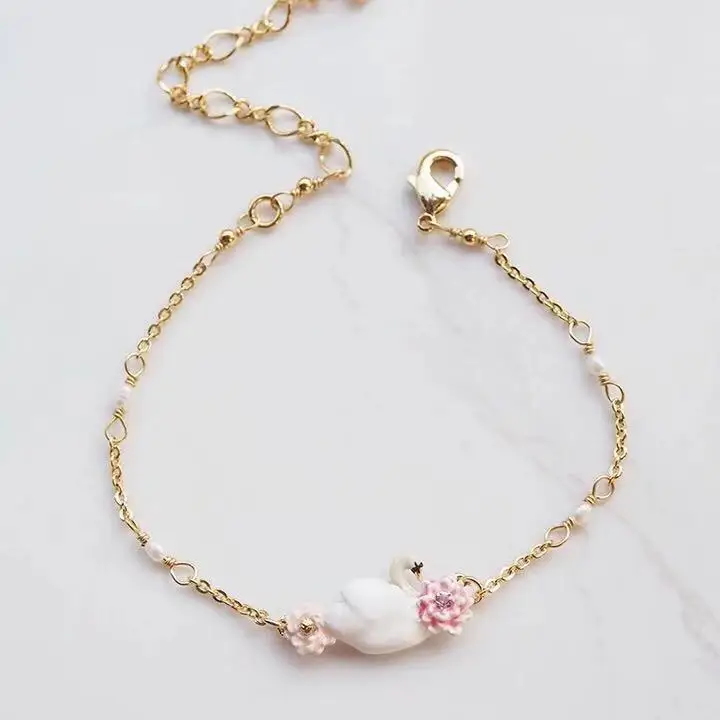 bracelet Роскошные Дизайнерские эмалированные глазурь Белый лебедь женские серьги-гвоздики ожерелье ювелирные изделия Вечерние - Окраска металла: bracelet