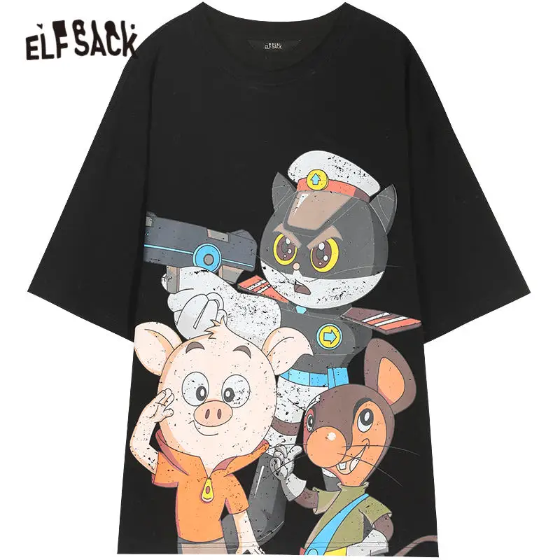 Женские повседневные футболки ELFSACK черные однотонные с мультяшным принтом весна