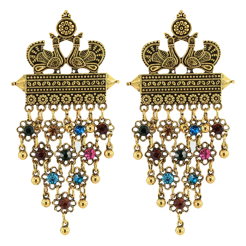 Индийские Золотые серьги Jhumka для женщин этнические двойные павлиньи колокольчики длинные с кисточками