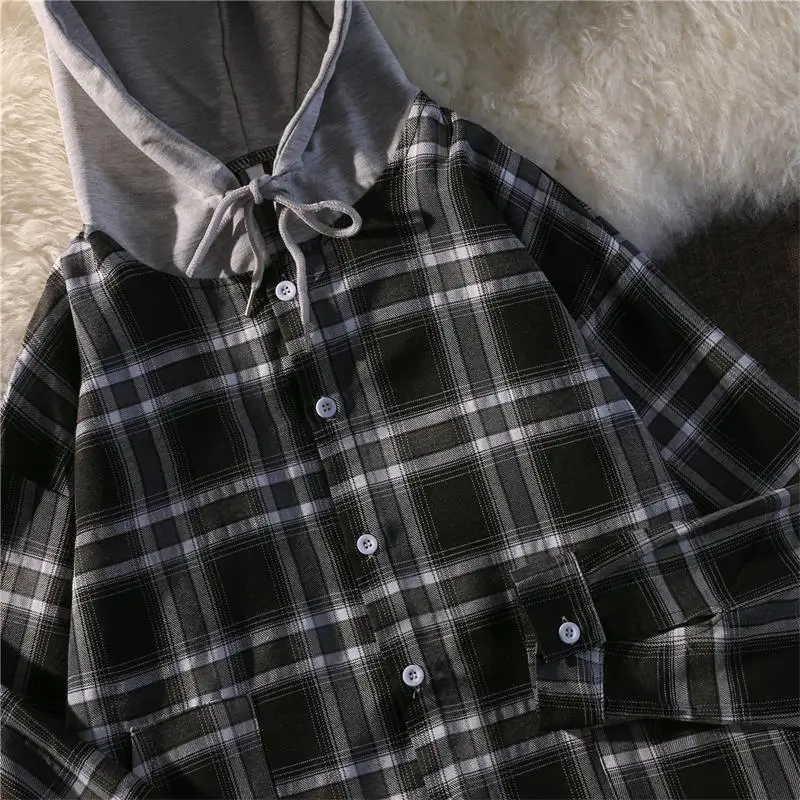 

2021 New Plaid Buttons Hoodies Women Sweatshirt Thin Autumn Summer Long Sleeve Loose Korean Style for Girls Clothes Outwear