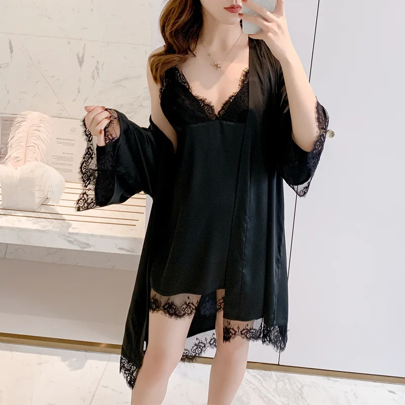 

Spring Autumn New Nightgown 2Pcs Set with Chest Cushion Sexy Lace Sling Gown Bathrobe Drape Suit Homewear Lingerie Set with Robe