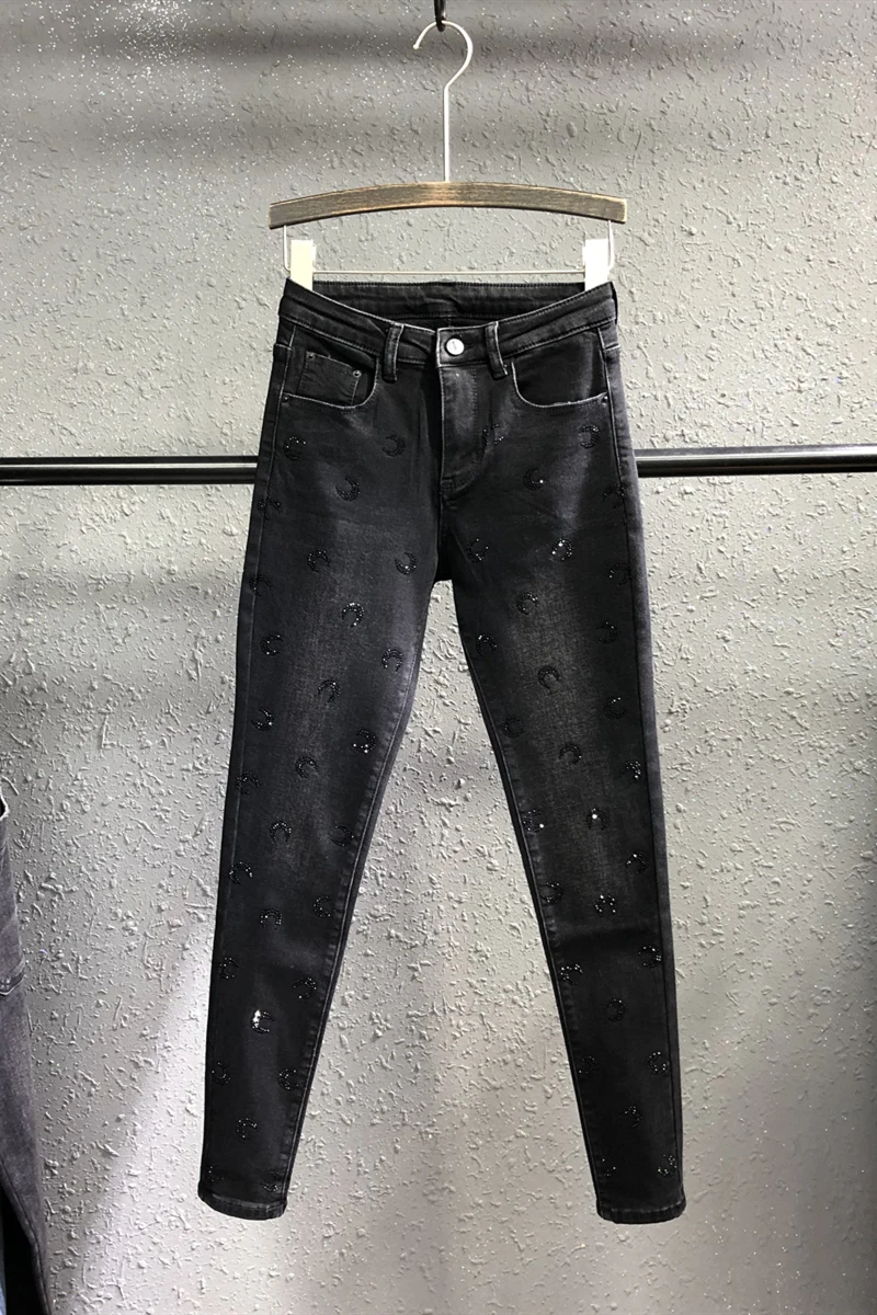 

2021 Spring New Moon Pattern Hot Drilling High Waist Jeans for Women Feet Trousers Casual Slim Slimming Pencil Pants Trend