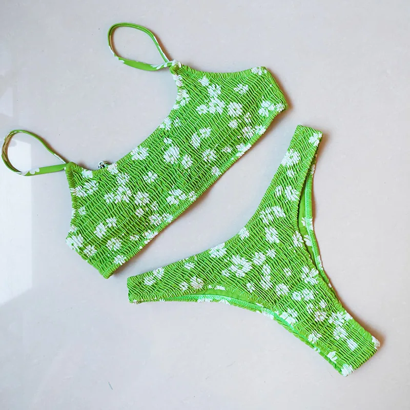 Sexy Bandeau Push Up Bikini Set Spaghetti Strap Two Piece Swimsuit Ruched Bikinis Women Swimwear Floral Bathing Suit Beach Wear