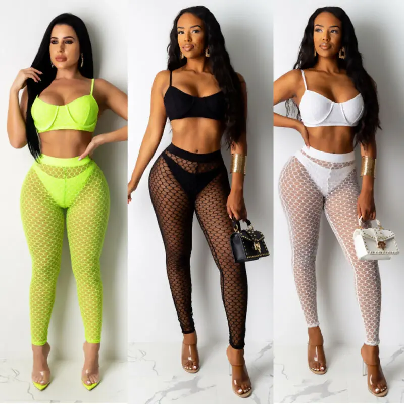 Женские прозрачные длинные штаны с высокой талией Ажурные вязаные сетчатые