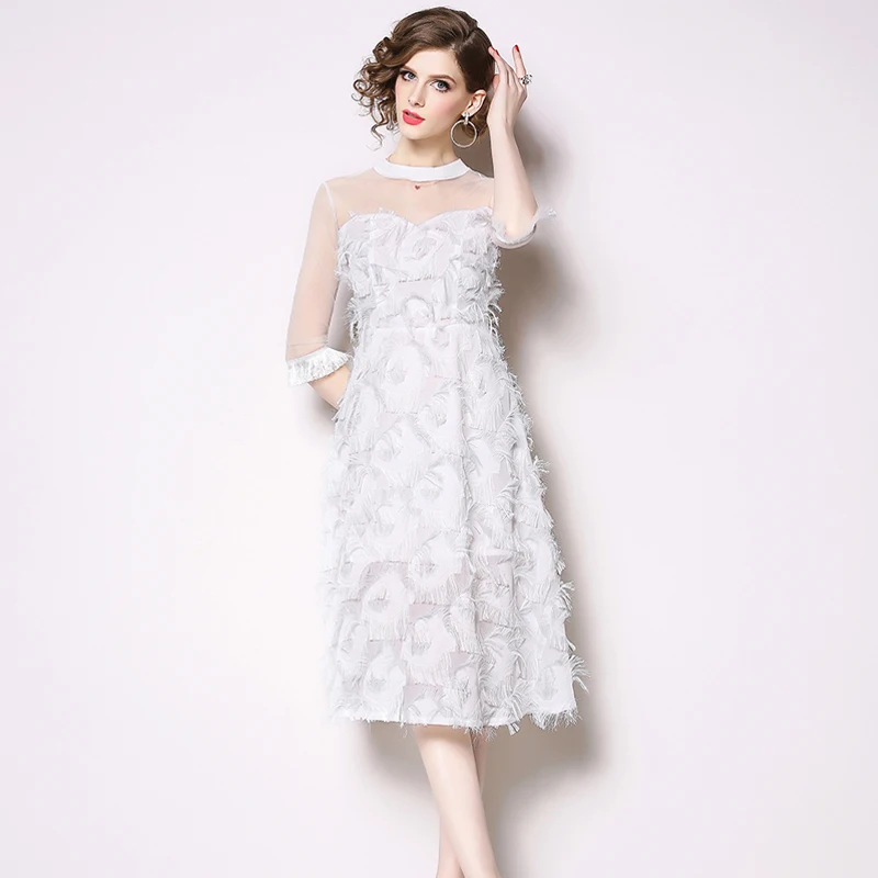 Сетчатое лоскутное кружевное белое платье с бахромой женские повседневные