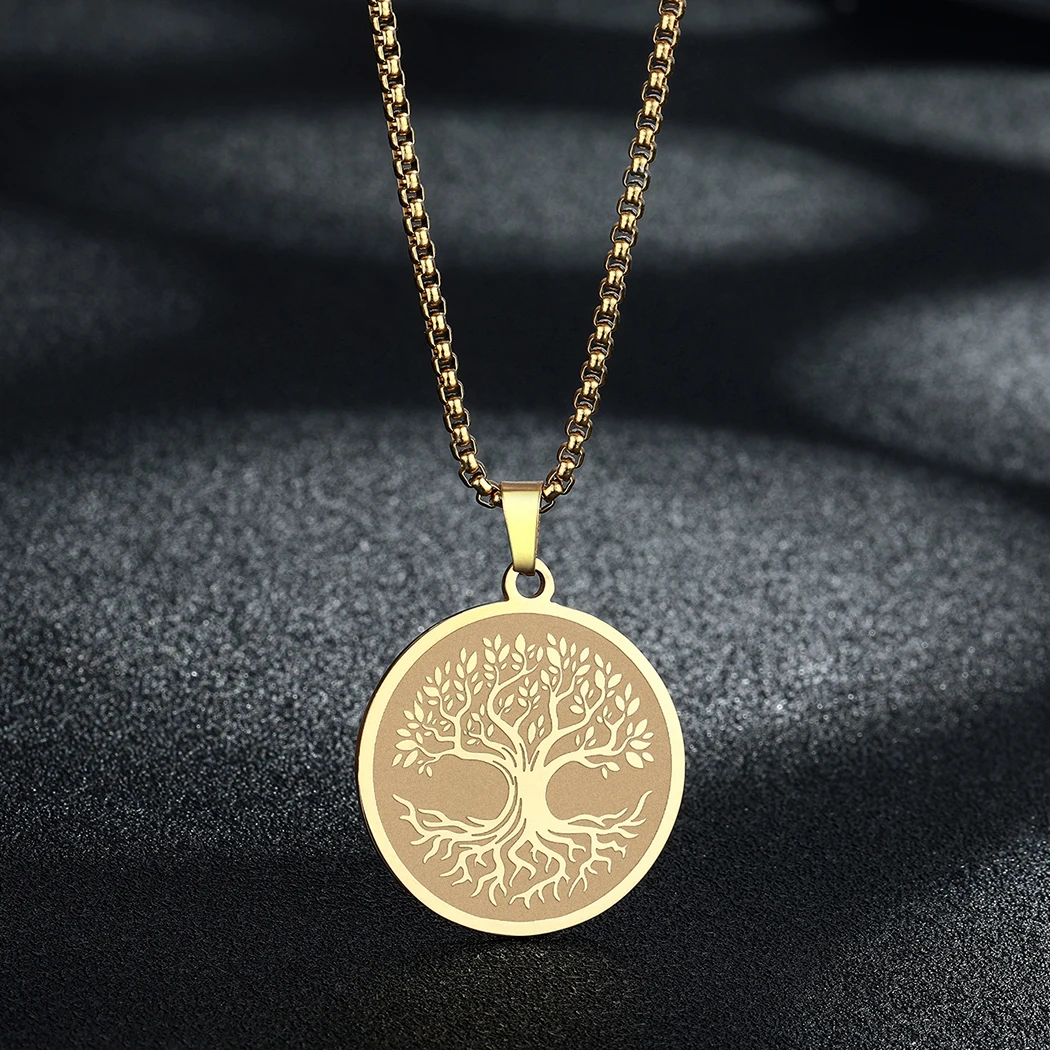

CHENGXUN Viking Engraved Tree Pendant Teldrassil ornament Necklace for Men Women Round Charm Silver Gold Plated Jewelry Gift