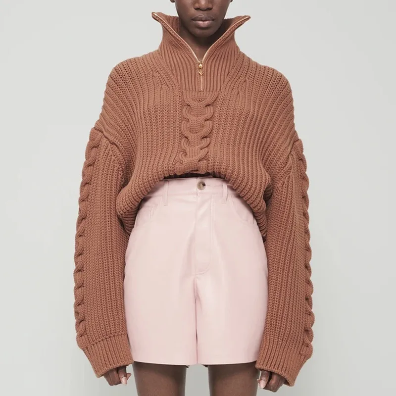 

Женский свитер-водолазка в рубчик, плотный вязаный пуловер с воротником-стойкой, теплые свитеры на молнии, трикотажный джемпер, одежда для о...