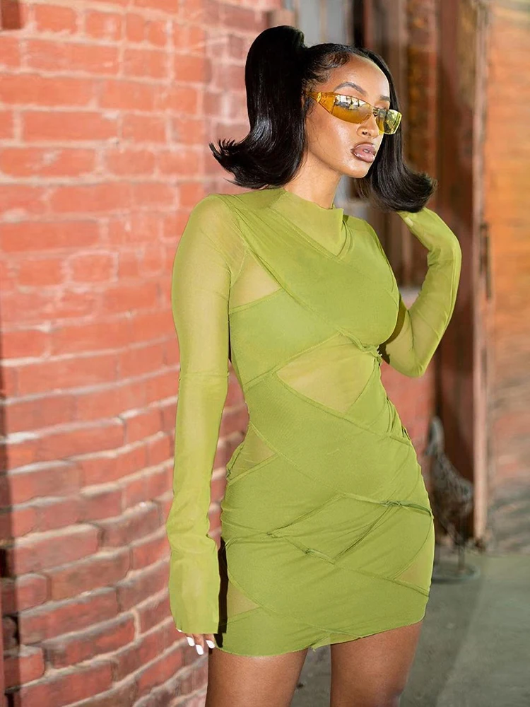 

Лоскутное Сетчатое мини-платье для женщин хипстер крест-накрест яркая линия украшения Одежда с длинным рукавом o-образным вырезом Вечерние ...