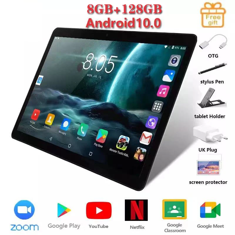 Разблокированный 10-дюймовый планшет 3G 4G с 8 Гб RAM 128 ГБ ROM Smart 1280*800 IPS сенсорный экран