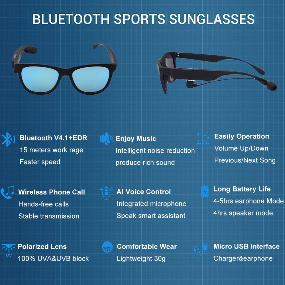 저렴한 Conway-이어폰 선글라스, 블루투스 4.1, 오디오 헤드셋, 음성 통화, 운전 안경, 타원형 스마트 음악 안경, 여성 및 남성용