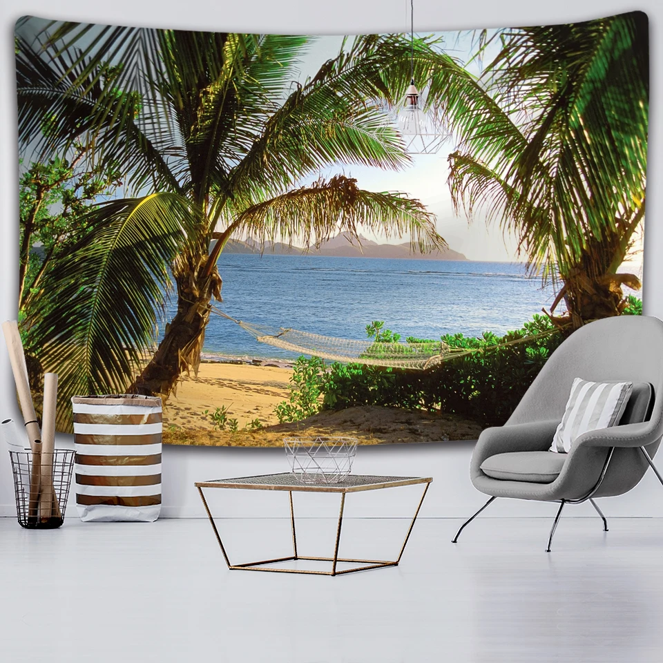 

Tropical Palm Leaf Tapestry Wall Hanging Seaside Sunset Landscape Tapestry Yoga Beach Towel/Cushion Bohemian Hippie Decoration