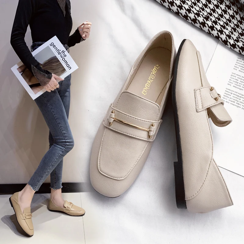 

Women's Loafers Square Toe Flat Shoes British Style Leather Shoes
