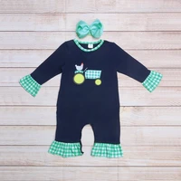 autumn girls clothes green plaid cuffs navy blue long sleeves green trellis tractor pulling hen embroidered toddler baby romper