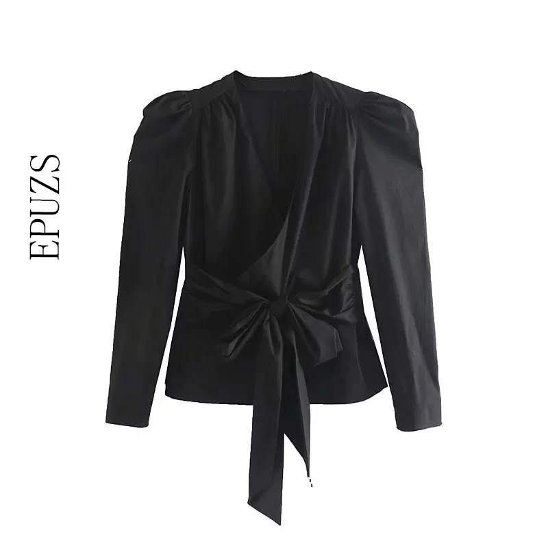 Женская атласная блузка с длинным рукавом винтажный черный топ v образным