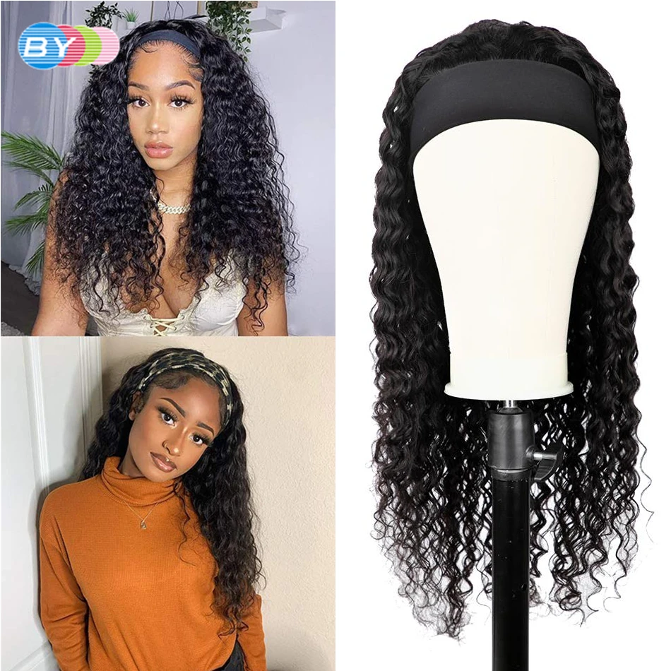 

BY Water Wave Headband Wig Human Hair Brazilian Curly Wave Full Machine Made Wigs With Black Head Band No Glue Scarf Wig Remy