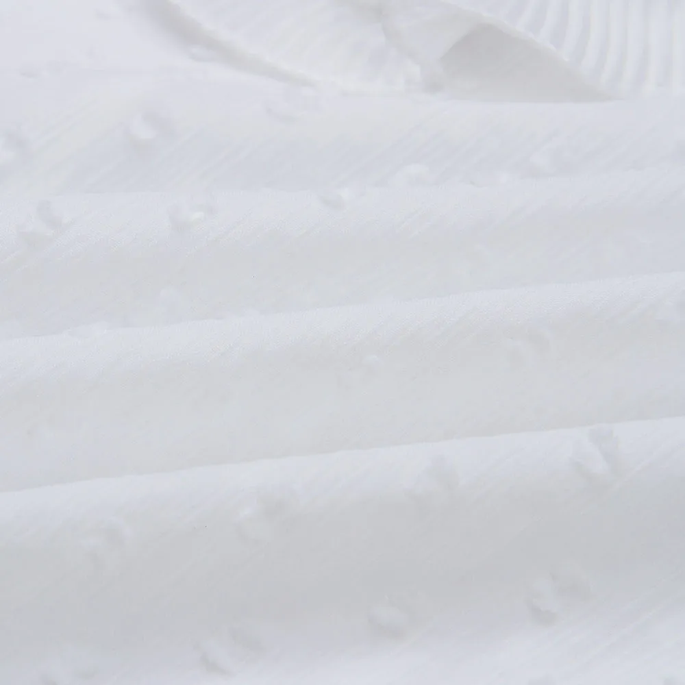 Женская шифоновая блузка белая кружевная рубашка в горошек с круглым вырезом и