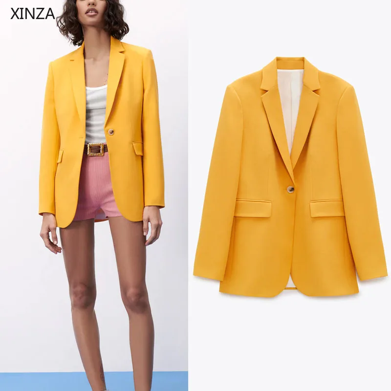 Женские Желтый Блейзер костюм Za 2021 с длинным рукавом плечевыми накладками на