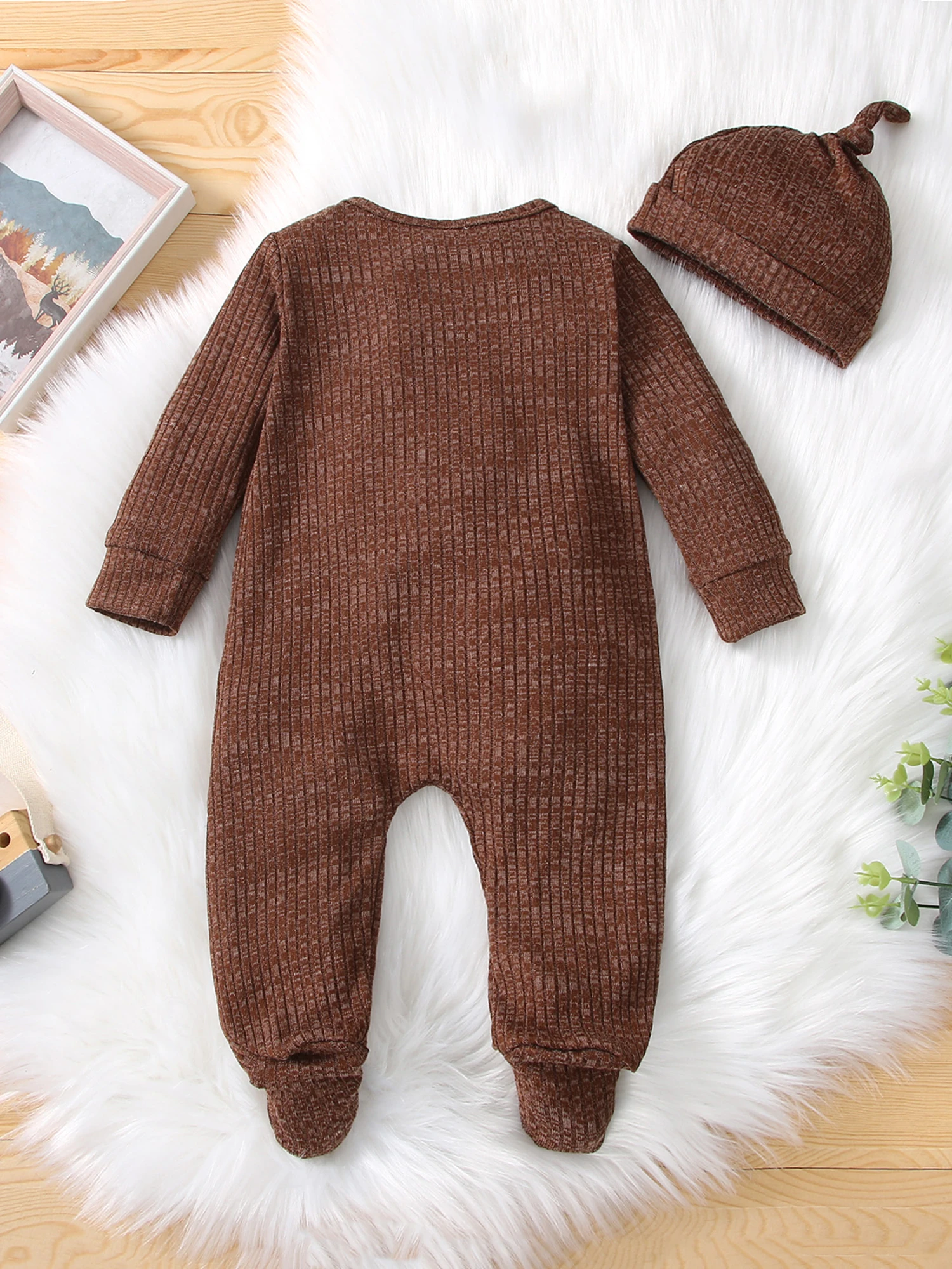 

0-24 Months Full Sleeve 2 Pcs Newborn Solid Color Outfits, Baby Long Sleeve Round Neck Zipper Footed Jumpsuit + Knotted Cap