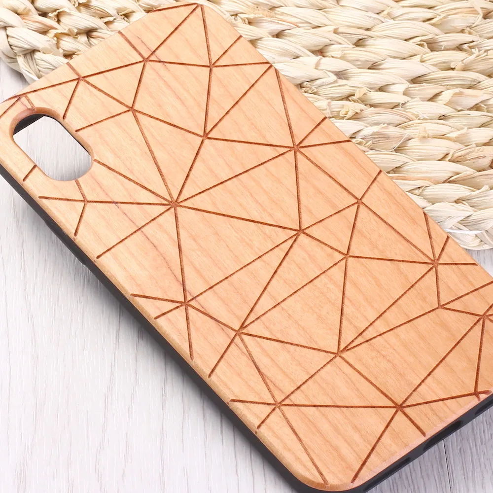 Geometric Triangle Engraved Nature Wood Phone Case Coque Funda For iPhone 14 14ProMax 14Plus 13Promax 13 12 11
