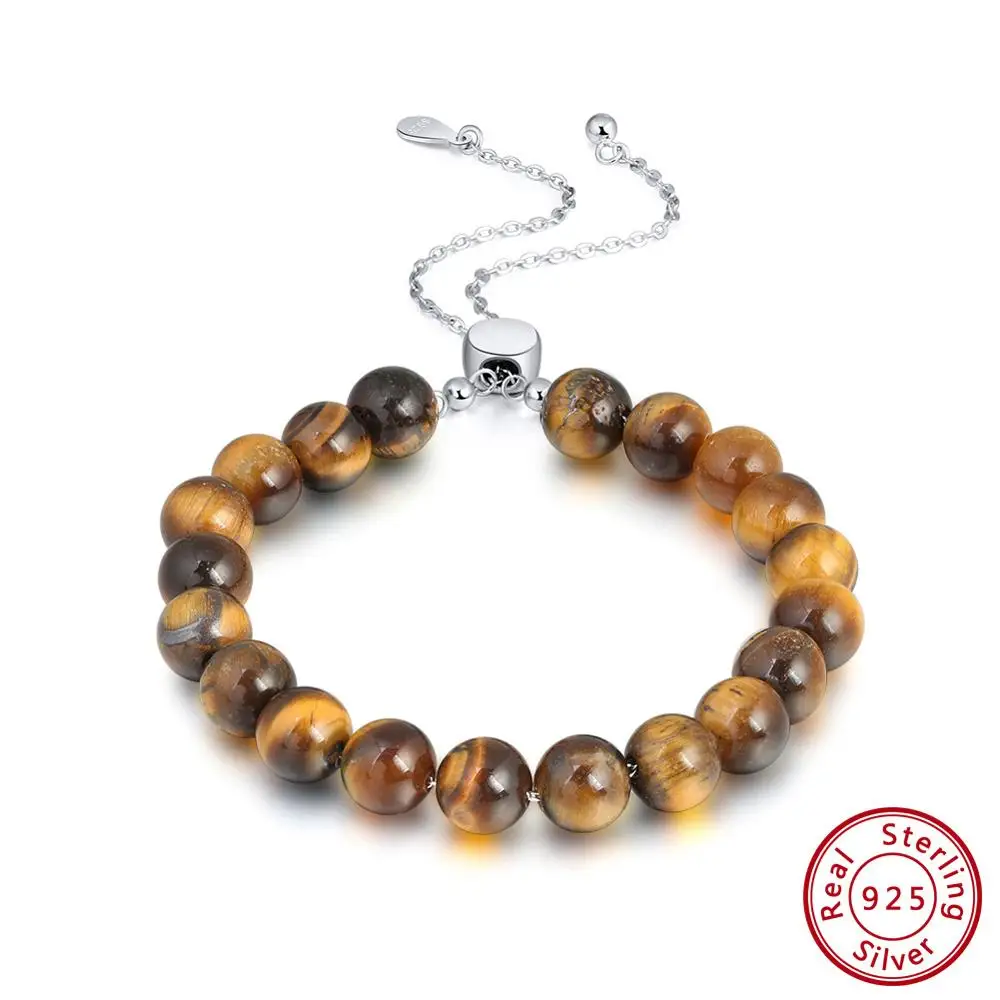 Tigers Eye Stone Effie queen модный 925 пробы серебряный браслет из бусин для женщин и мужчин натуральный камень из бисера ювелирный браслет Homme Bijoux подарок BB36 - Цвет камня: Tigers Eye Stone