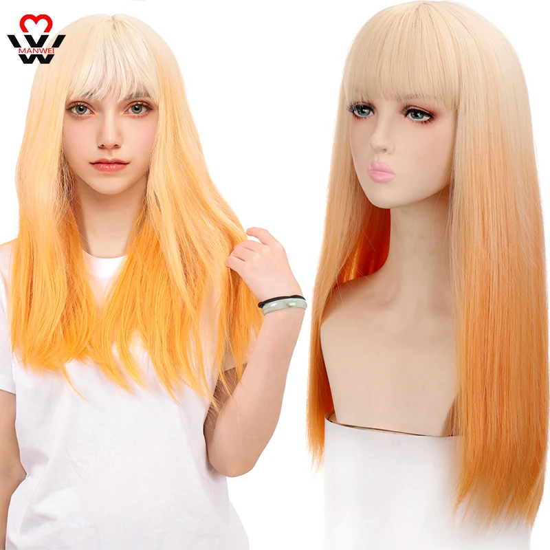 

MANWEI Long Blonde Wig With Bangs Synthetic Ombre Blonde Wig For Women Black pink blue Cosplay Wigs Heat Resistant Natural