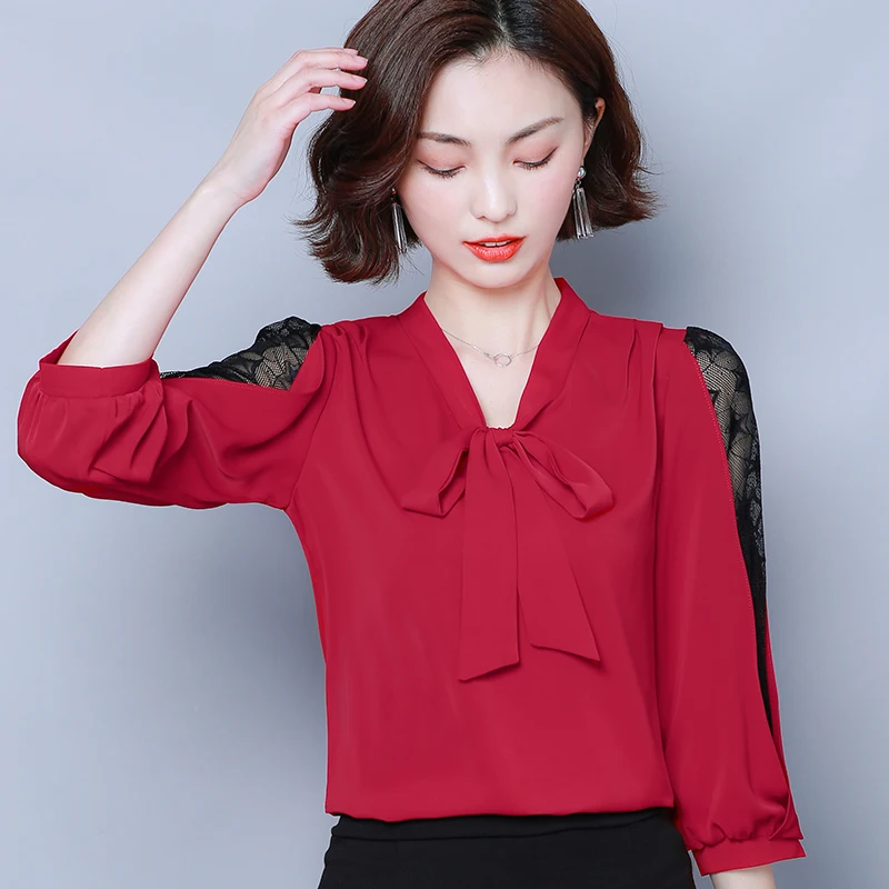 Бандажная шифоновая блузка с бантом Женский ажурный кружевной топ Женская
