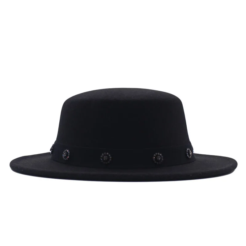 

2021 New Elegant Ribbon Decoration Band Trimmed Flat Top Wool Hat Women Black Warm Winter Hats Ladies Party Wedding Church Felt