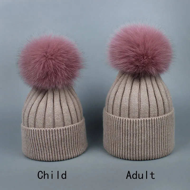 

New Kids Parent Child Fox Fur Ball Beanie Hats for Women Baby Caps Men Boy Bonnet Beanies Chapeau Femme Cap Gorros Hat Casquette
