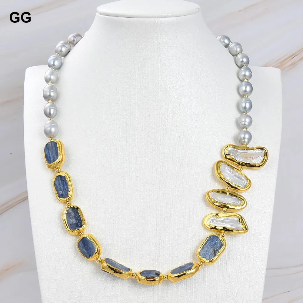 

GG Jewelry Freshwater Cultured Gray Rice Pearl White Biwa Pearl Blue Kyanites Necklace 23" For Women Lady Gift Jewelry