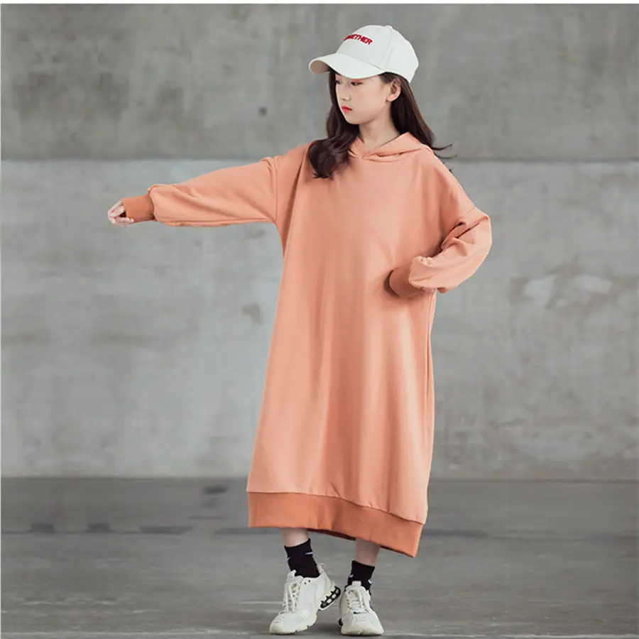 

Spring Elastic Hem Minimalist Solid Cotton Sweatshirts For Girls 4-13 Years High Street Simple X Long Hoodies For Teen Girls New