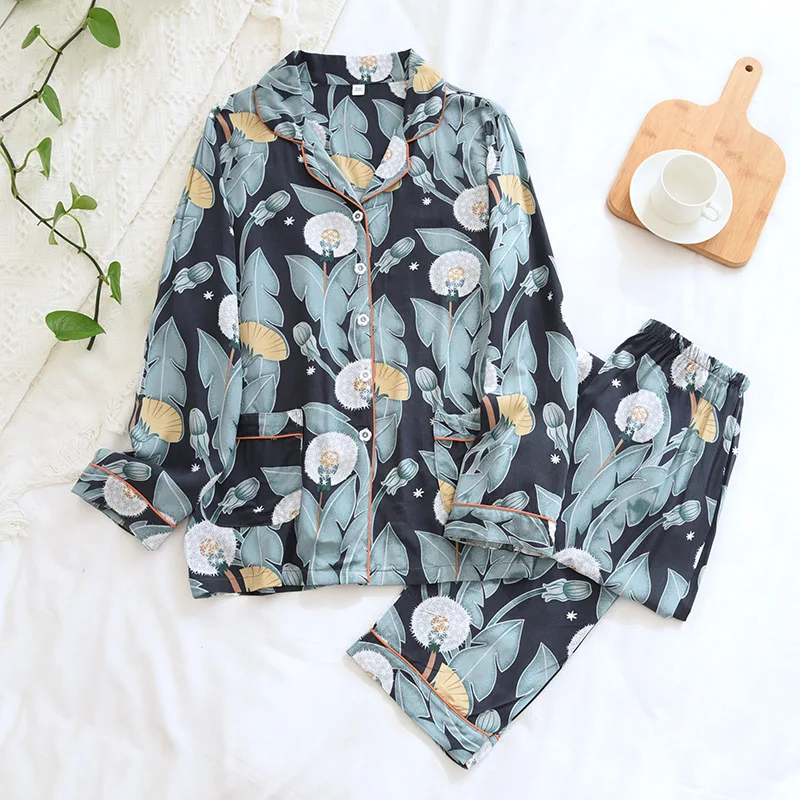 Spring and Summer New Women's Cotton Silk Pajamas Long Sleeves Trousers Pajamas Set Rayon Simple Pajamas Women's Home Wear