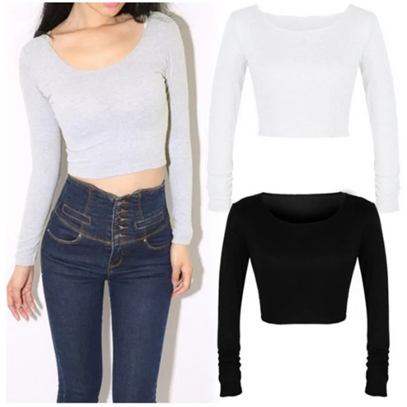 

Sexy Women Summer Cotton Blend Breathable T-Shirts Long Sleeve O-Neck Solid Tees Sexy Casual Navel Bare Tops Slim Fit Women Tops
