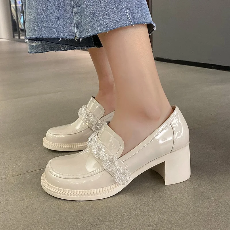 

2021 patent leather crystal spring summer female pumps casual round toe square high heel all match women dress shoes black white