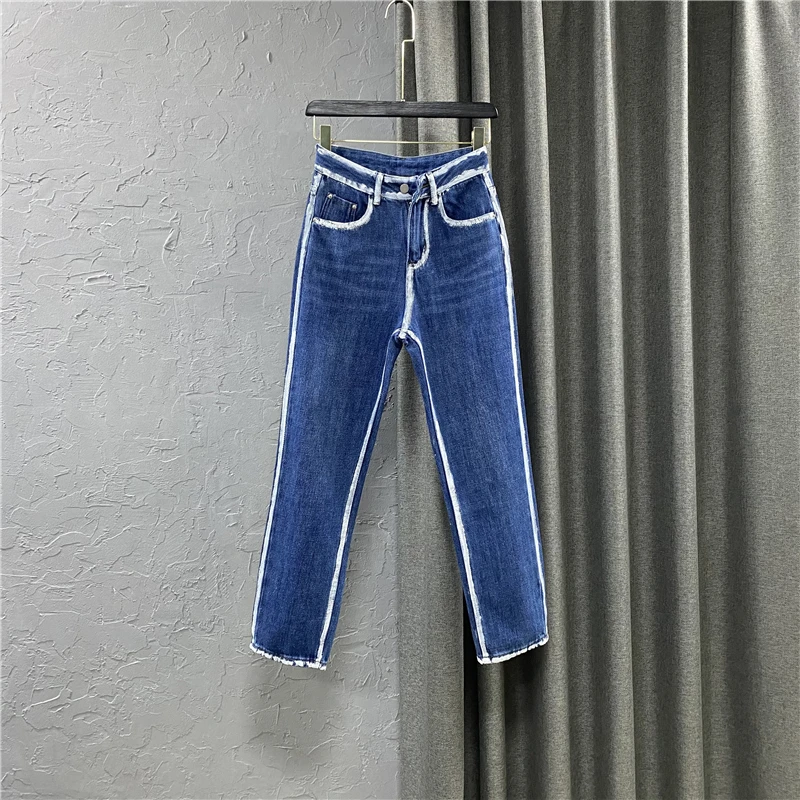 

Dark Blue Denim Trousers for Women Spring Autumn Jeans 2021 New Fashion Woman Jean Color Contrast Stripe BF Straight-Leg Pants