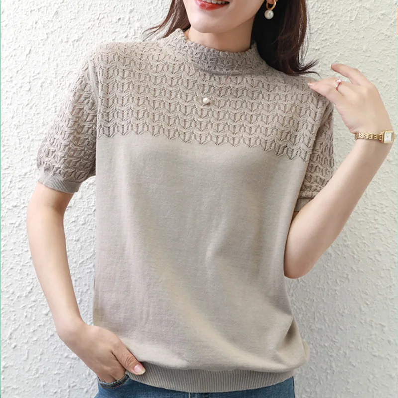 

2021 summer new knitted 100% cotton short-sleeved T-shirt women's hollow half high neck pullover 5 sizes FRSEUCAG brand Short
