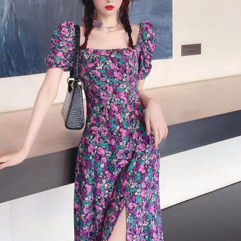 

HOUZHOU Floral Dress Women Sexy Purple Elegant Vintage Puff Sleeve Long Dresses Summer French Flower Holiday Casual Sundress