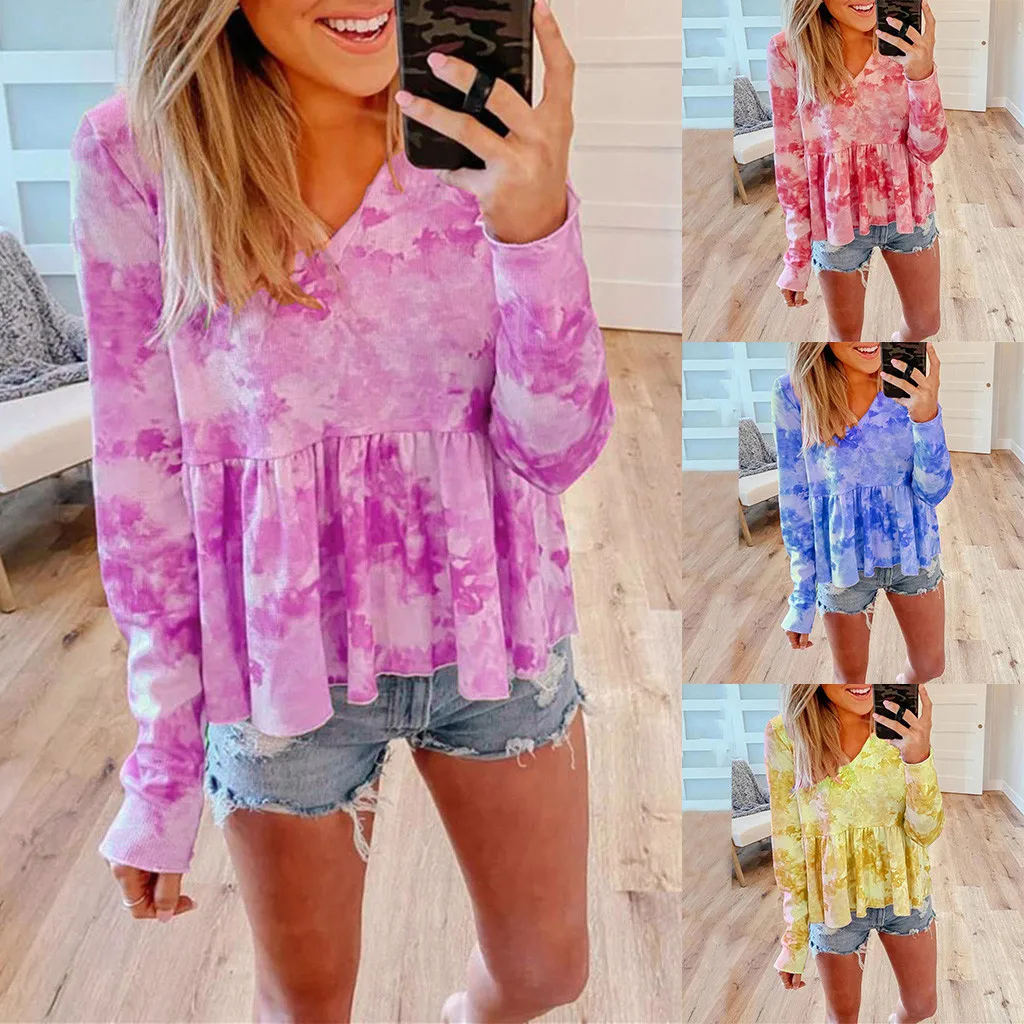 

FREE OSTRICH Women's Casual Loose Top Long Sleeve Blouse Tops For Spring Autumn Clothing Ladies Fashion Tie-dye Shirt Top