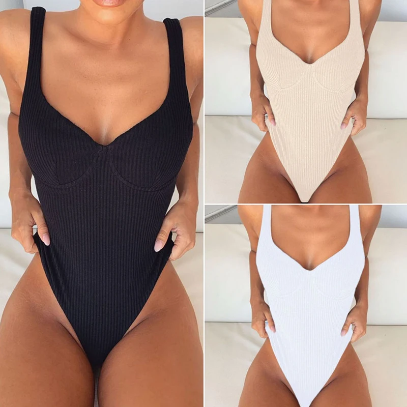 Белый цельный купальник в рубчик с высокой талией сексуальный женский монокини