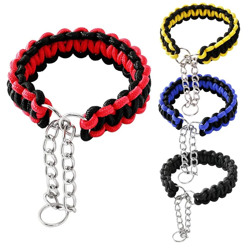 

Wide Dog Collar Strong Nylon Rope Woven Limited Slip Collar with Stainless Steel Chain Heavy Duty Buckle for Small to Large Dogs