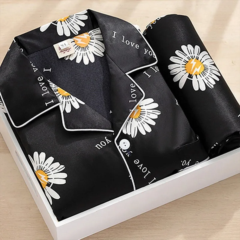 

Silk Satin Pajamas For Womens Pyjamas Set Long Sleeve Printing Sleepwear Women Set Pajamas Suit Female Two Piece Set Loungewear