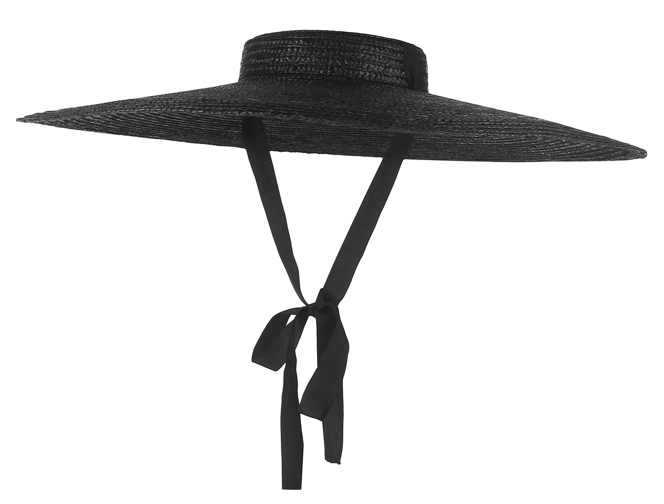 

GEMVIE Black Wide Brim Flat Top Straw Hat Summer Hats For Women Ribbon Beach Cap Boater Fashionable Sun Hat With Chin Strap